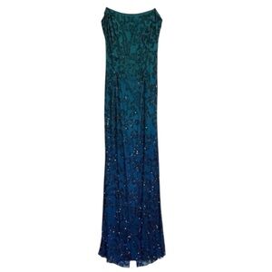 Lillie Rubin Vintage 80’s-90’s 100% Silk Beaded Open Back Gown Ombre Teal Blue L